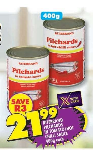 RITEBRAND PILCHARDS IN TOMATO/HOT CHILLI SAUCE 400g each