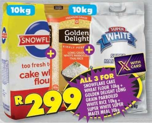 Snowflake Cake Wheat Flour 10kg + Golden Delight Long Grain Parboiled White Rice 10kg + Super White Super Maize Meal 10kg