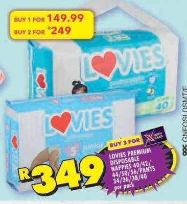 LOVIES PREMIUM DISPOSABLE NAPPIES 40/42/44/50/56/PANTS 34/36/38/40 per pack