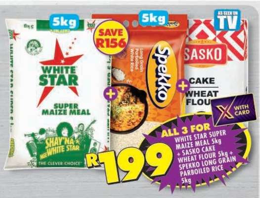 White Star Super Maize Meal 5kg + Sasko Cake Wheat Flour 5kg + Spekko Long Grain Parboiled Rice 5kg