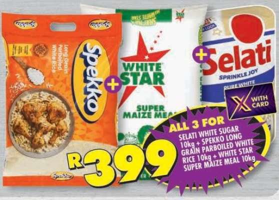 Selati White Sugar 10kg + Spekko Long Grain Parboiled White Rice 10kg + White Star Super Maize Meal 10kg