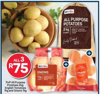 PnP All Purpose Potatoes 2kg, English Tomatoes 1kg and Onions 1kg