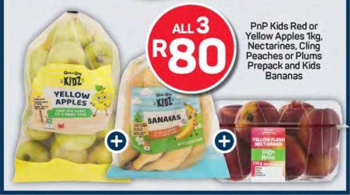 PnP Kids Red or Yellow Apples 1kg, Nectarines, Cling Peaches or Plums Prepack and Kids Bananas