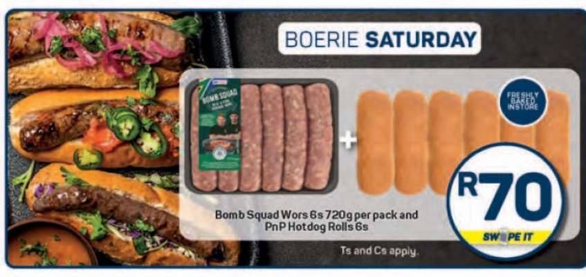 Bomb Squad Wors 6s 720g per pack and PnP Hotdog Rolls 6s