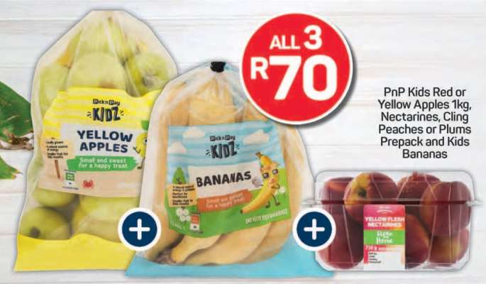 PnP Kids Red or Yellow Apples 1kg, Nectarines, Cling Peaches or Plums Prepack and Kids Bananas