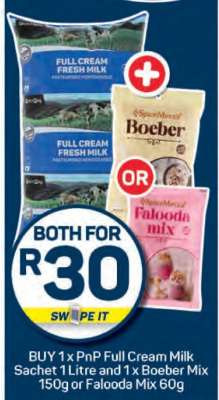 PnP Full Cream Milk Sachet 1 Litre and Boeber Mix 150g or Falooda Mix 60g