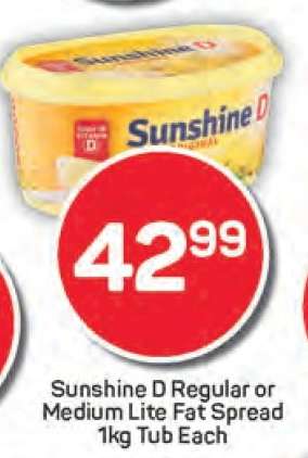 Sunshine D Regular or Medium Lite Fat Spread 1kg Tub Each