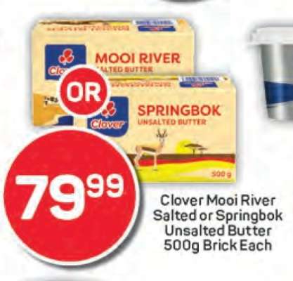 Clover Mooi River Salted or Springbok Unsalted Butter 500g Brick Each