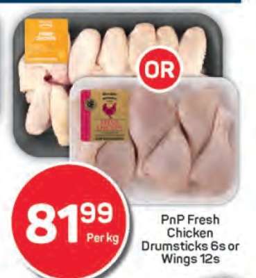 PnP Fresh Chicken Drumsticks 6s or Wings 12s