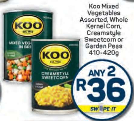 Koo Mixed Vegetables Assorted, Whole Kernel Corn, Creamstyle Sweetcorn or Garden Peas 410-420g