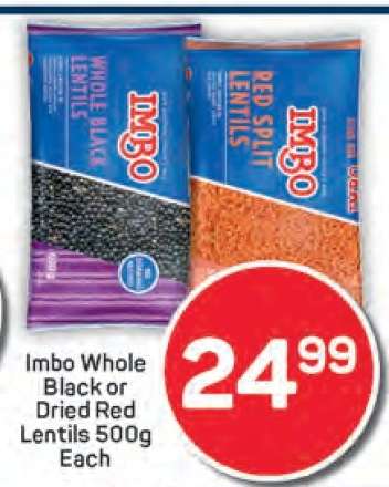 Imbo Whole Black or Dried Red Lentils 500g Each