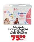 Johnson & Johnson's Sensitive or Gentle Wet Wipes 224s/288s