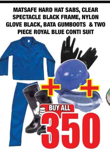 MATSAFE HARD HAT SABS, CLEAR SPECTACLE BLACK FRAME, NYLON GLOVE BLACK, BATA GUMBOOTS & TWO PIECE ROYAL BLUE CONTI SUIT