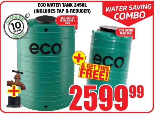 ECO WATER TANK 2450L (INCLUDES TAP & REDUCER)