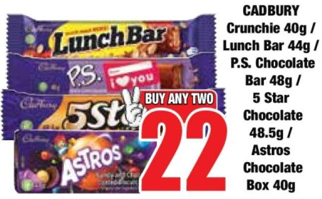 CADBURY Crunchie 40g / Lunch Bar 44g / P.S. Chocolate Bar 48g / 5 Star Chocolate 48.5g / Astros Chocolate Box 40g