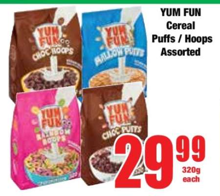 YUM FUN Cereal Puffs / Hoops Assorted
