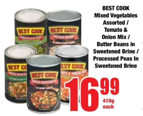 BEST COOK Mixed Vegetables Assorted / Tomato & Onion Mix / Butter Beans In Sweetened Brine / Processed Peas in Sweetened Brine