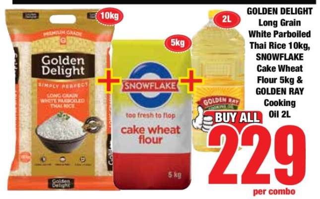 GOLDEN DELIGHT Long Grain White Parboiled Thai Rice 10kg, SNOWFLAKE Cake Wheat Flour 5kg & GOLDEN RAY Cooking Oil 2L