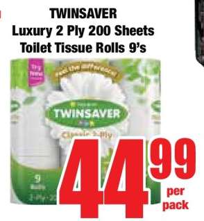 TWINSAVER Luxury 2 Ply 200 Sheets Toilet Tissue Rolls 9's