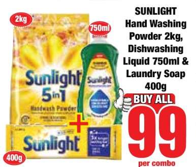 SUNLIGHT Hand Washing Powder 2kg, Dishwashing Liquid 750ml & Laundry Soap 400g