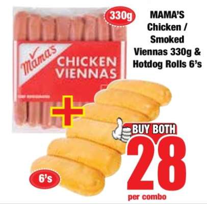 MAMA'S Chicken / Smoked Viennas 330g & Hotdog Rolls 6's