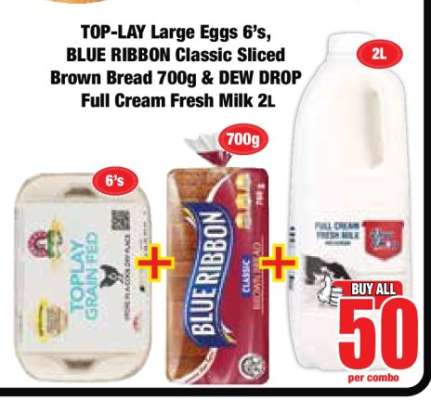 TOP-LAY Large Eggs 6's, BLUE RIBBON Classic Sliced Brown Bread 700g & DEW DROP Full Cream Fresh Milk 2L