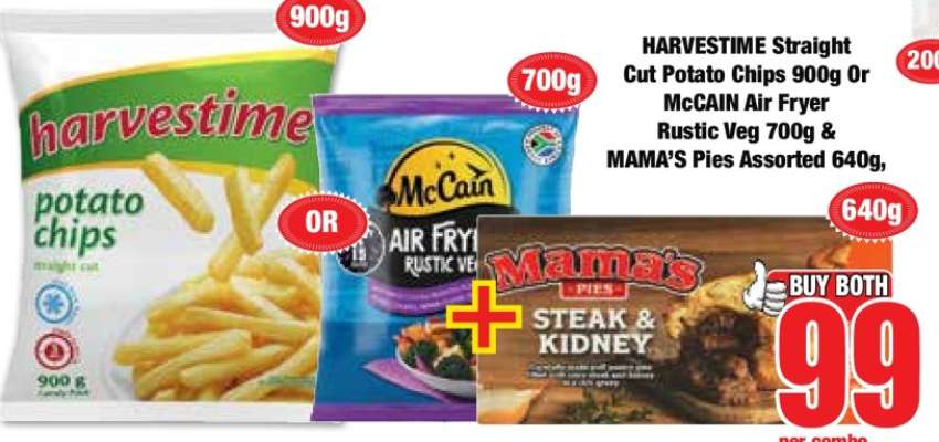 HARVESTIME Straight Cut Potato Chips 900g Or McCAIN Air Fryer Rustic Veg 700g & MAMA'S Pies Assorted 640g