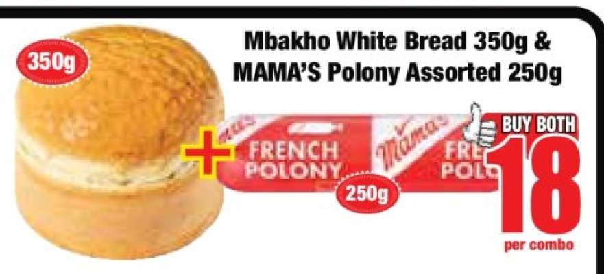 Mbakho White Bread 350g & MAMA’S Polony Assorted 250g