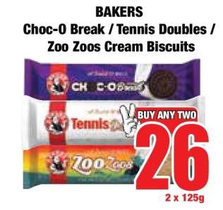 BAKERS Choc-O Break / Tennis Doubles / Zoo Zoos Cream Biscuits