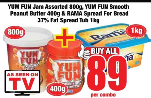 YUM FUN Jam Assorted 800g, YUM FUN Smooth Peanut Butter 400g & RAMA Spread For Bread 37% Fat Spread Tub 1kg