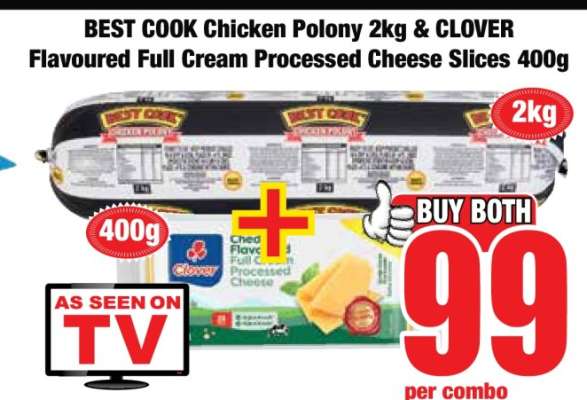 BEST COOK Chicken Polony 2kg & CLOVER Flavoured Full Cream Processed Cheese Slices 400g