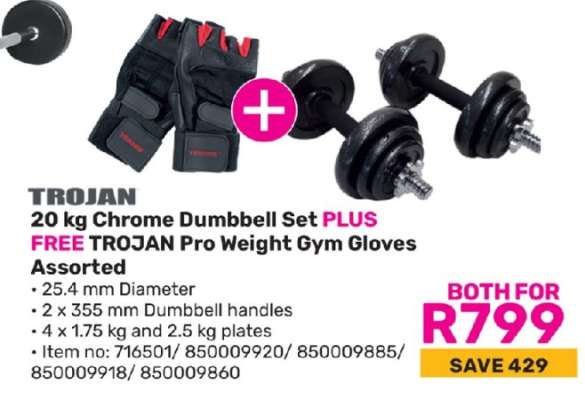 TROJAN 20 kg Chrome Dumbbell Set PLUS FREE TROJAN Pro Weight Gym Gloves Assorted