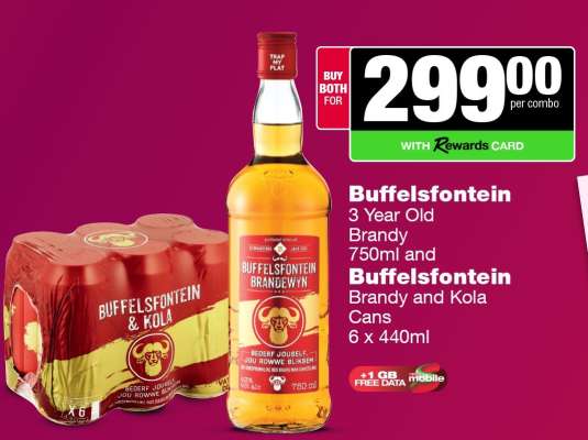 Buffelsfontein 3 Year Old Brandy 750ml and Buffelsfontein Brandy and Kola Cans 6 x 440ml