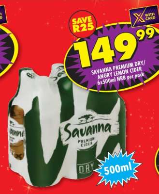 Savanna Premium Dry/Angry Lemon Cider 6x500ml NRB per pack