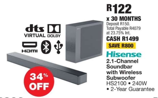 Hisense 2.1 Channel Soundbar With Wireless Subwoofer