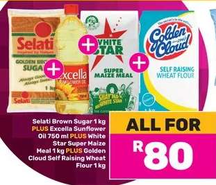 Selati Brown Sugar 1 kg, Excella Sunflower Oil 750 ml, White Star Super Maize Meal 1 kg, Golden Cloud Self Raising Wheat Flour 1 kg