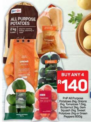 PnP All Purpose Potatoes 2kg, Onions 2kg, Tomatoes 1.5kg, Butternut 3kg, Gem Squash 2kg, Sweet Potatoes 2kg or Green Peppers 800g