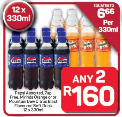Pepsi Assorted, 7up Free, Mirinda Orange, Mountain Dew Citrus Blast