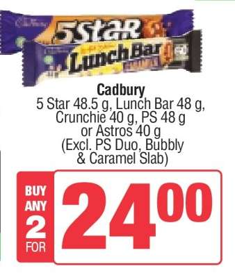 Cadbury 5 Star, Lunch Bar, Crunchie, PS, Astros