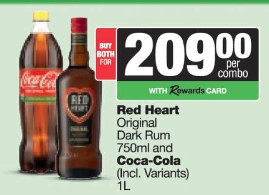 Red Heart Original Dark Rum 750ml and Coca-Cola 1L