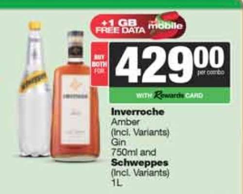 Inverroche Amber Gin 750ml and Schweppes 1L