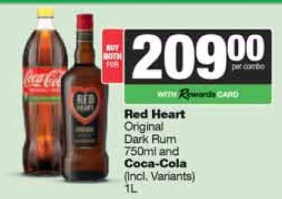 Red Heart Original Dark Rum 750ml and Coca-Cola 1L