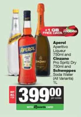 Aperol, Cinzano, and Schweppes Combo