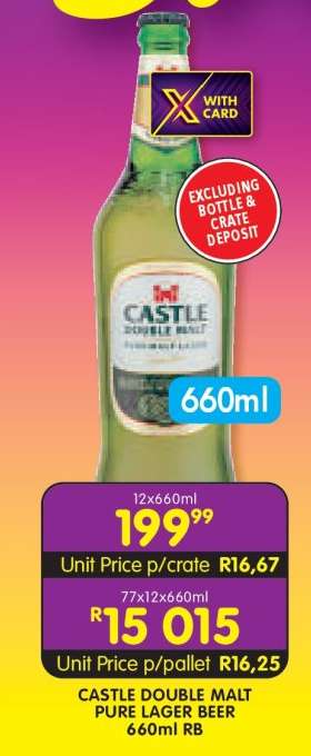 CASTLE DOUBLE MALT PURE LAGER BEER 660ml RB