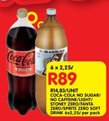 COCA-COLA NO SUGAR/NO CAFFEINE/LIGHT/STONEY ZERO/FANTA ZERO/SPRITE ZERO SOFT DRINK 6x2,25ℓ