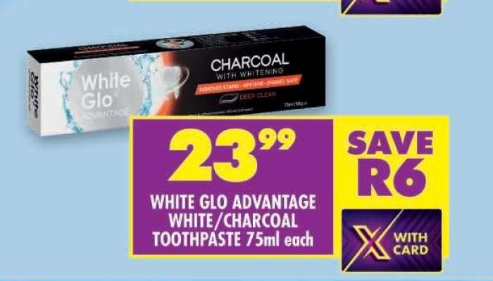 WHITE GLO ADVANTAGE WHITE/CHARCOAL TOOTHPASTE 75ml each