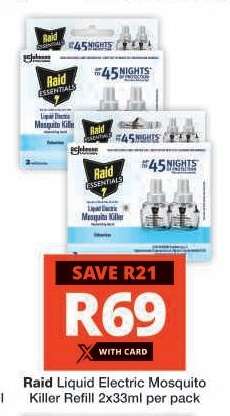 Raid Liquid Electric Mosquito Killer Refill 2x33ml per pack