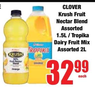 CLOVER Krush Fruit Nectar Blend Assorted 1.5L / Tropika Dairy Fruit Mix Assorted 2L