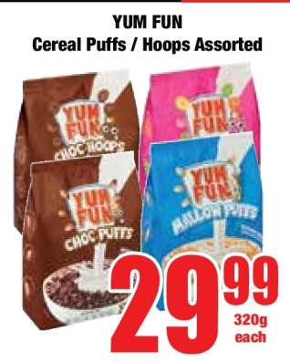 YUM FUN Cereal Puffs / Hoops Assorted