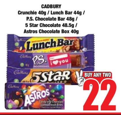 CADBURY Crunchie 40g / Lunch Bar 44g / P.S. Chocolate Bar 48g / 5 Star Chocolate 48.5g / Astros Chocolate Box 40g